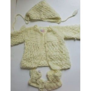 Vintage Hand Made Baby Outfit 60’s-70’s From korea Booties Sweater Hat Yellow
